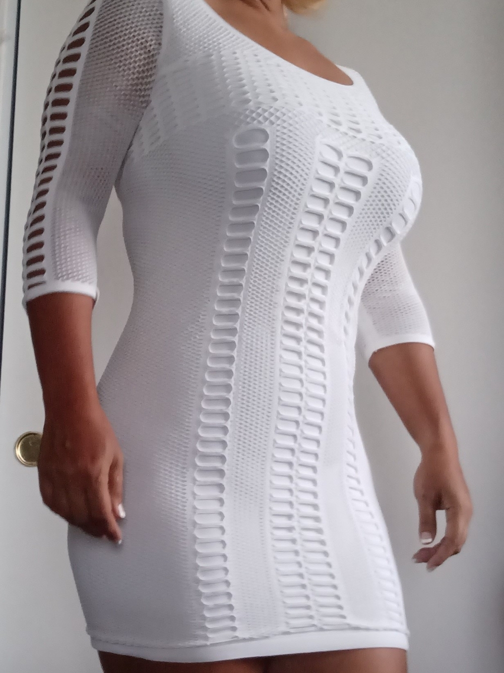 bebe White Openwork Knit Bodycon Mini Dress